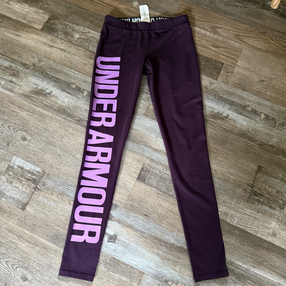 Under Armour HeatGear Womens Purple Graphic Logo Athletic Leggings Size Small - Picture 3 of 5